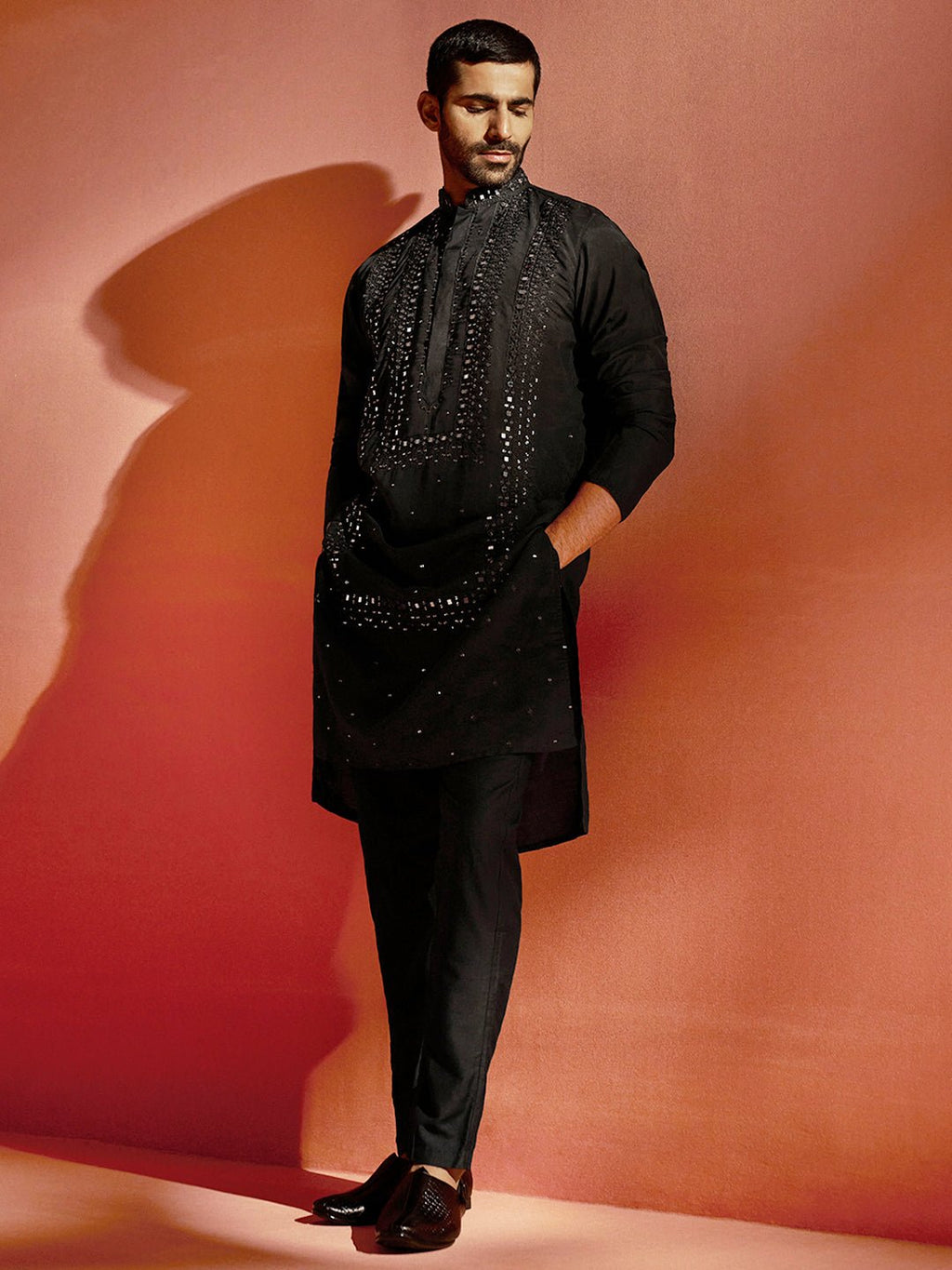 Men's Black Silk Blend Kurta Pyjama Set