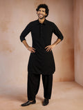 Men's Black Solid Silk Blend Pathani Kurta with Patiala Pyjama Set