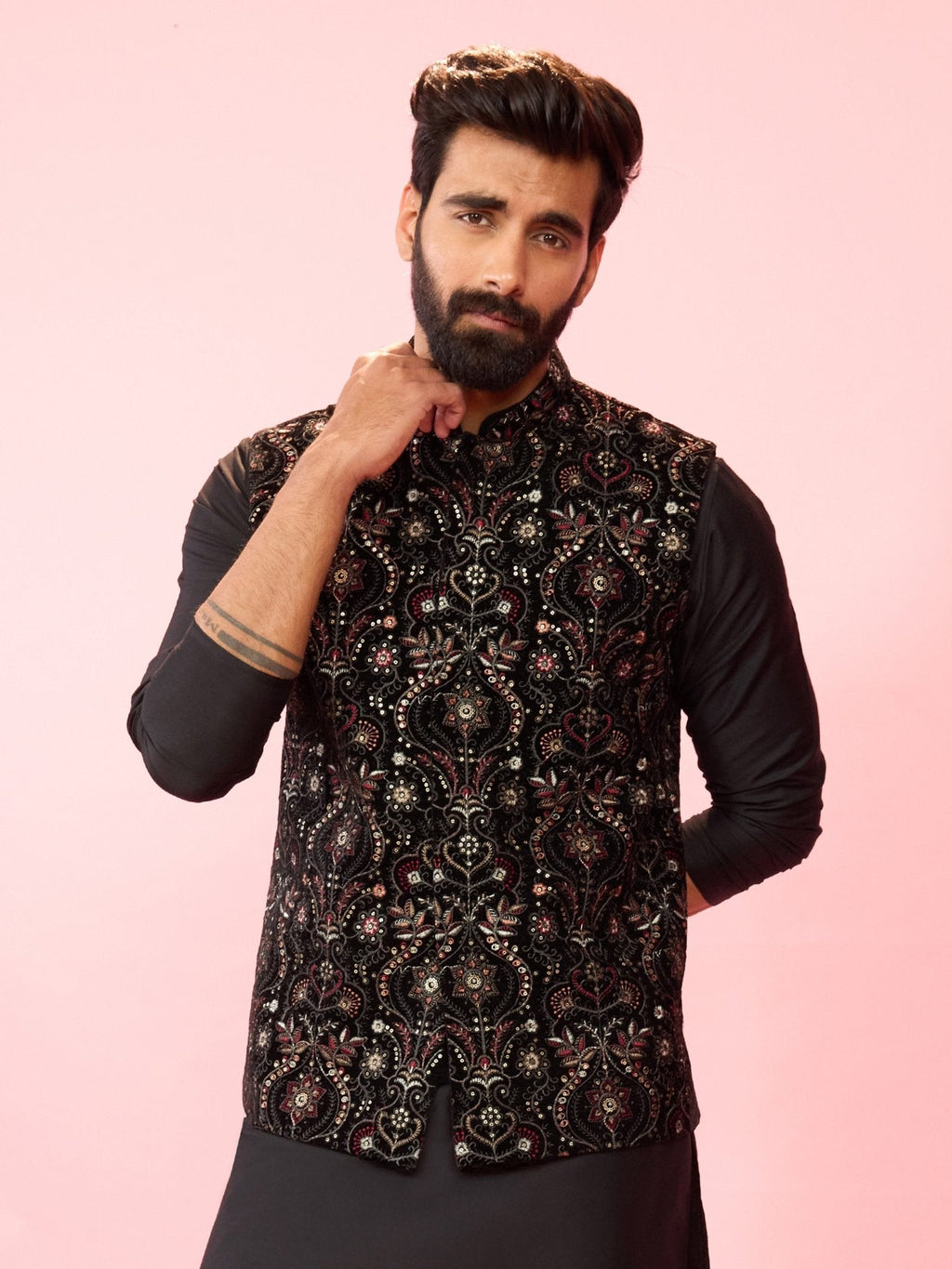 Men's Black Velvet Ethnic Motif Floral Thread Sequin Nehru Jacket