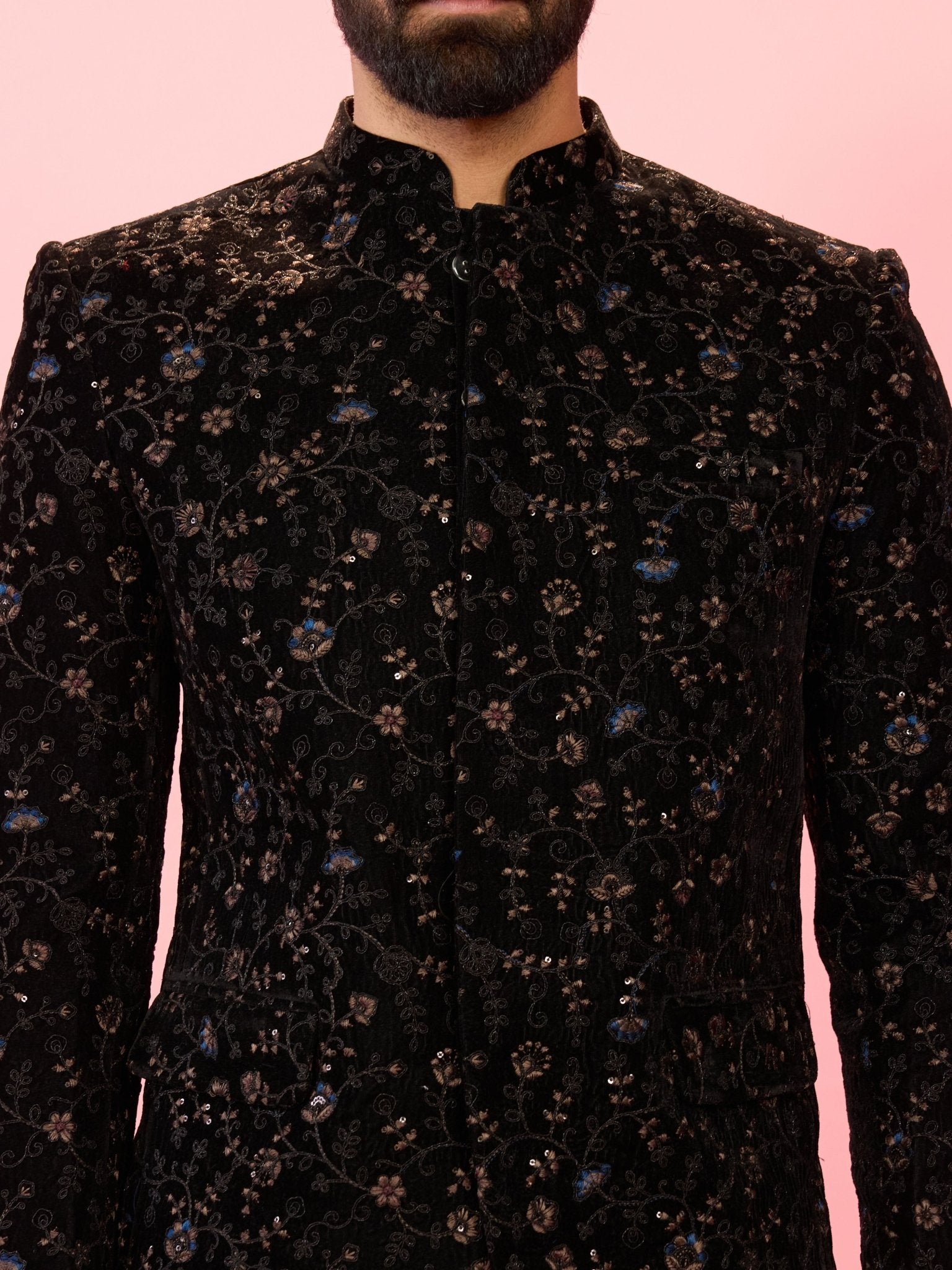 Men's Black Velvet Floral Thread Embroidered Jodhpuri Blazer with Satin Lining