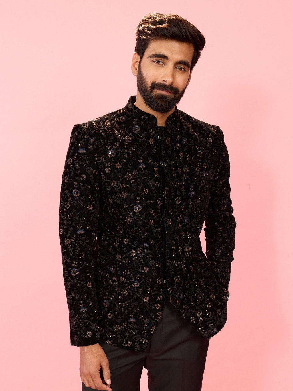 Men's Black Velvet Floral Thread Embroidered Jodhpuri Blazer with Satin Lining