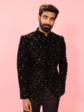 Men's Black Velvet Floral Thread Embroidered Jodhpuri Blazer with Satin Lining