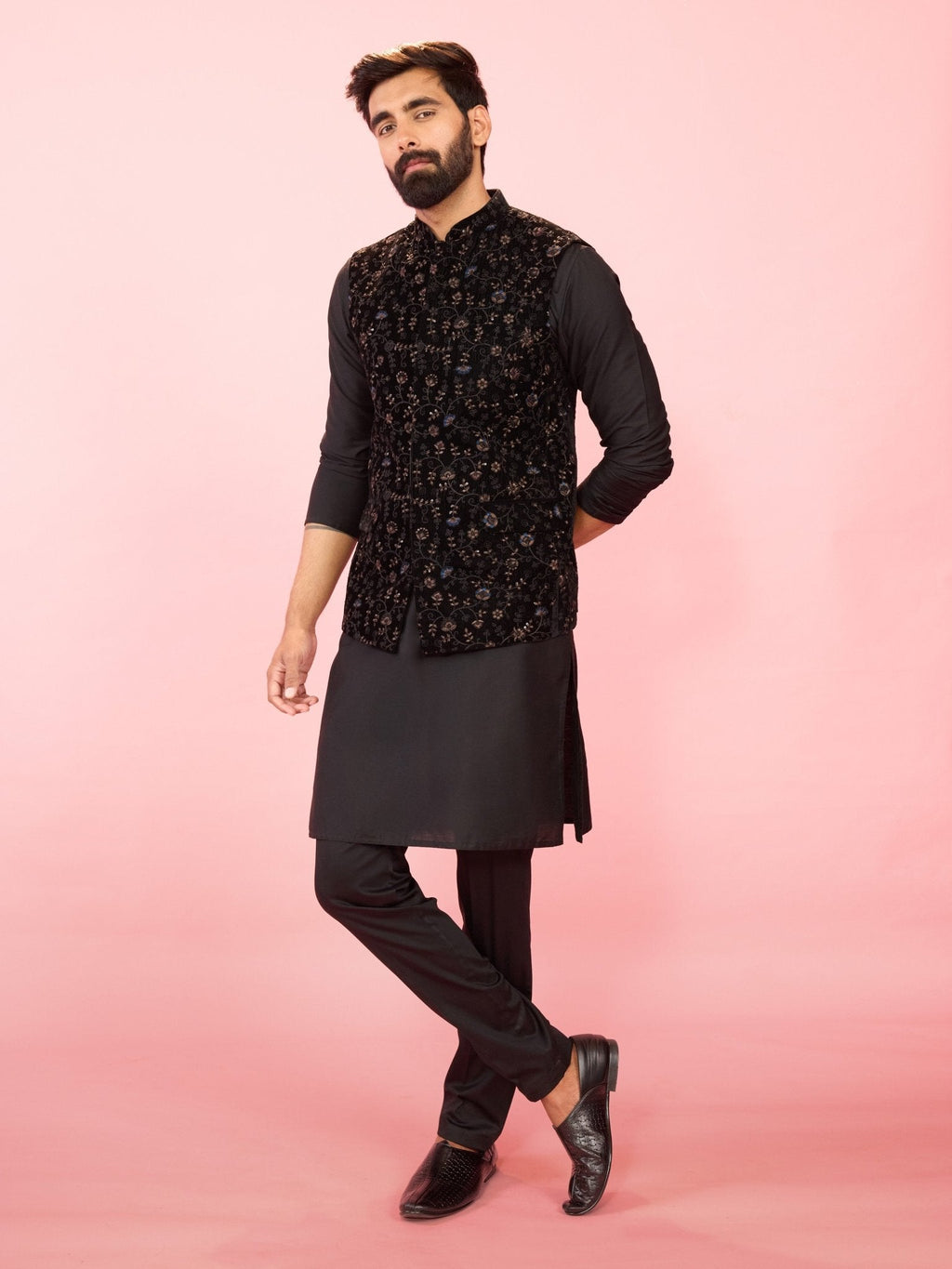 Men's Black Velvet Floral Thread Embroidered Nehru Jacket Silk Kurta & Pant Pyjama 3-Piece Set