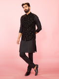 Men's Black Velvet Floral Thread Embroidered Nehru Jacket Silk Kurta & Pant Pyjama 3-Piece Set