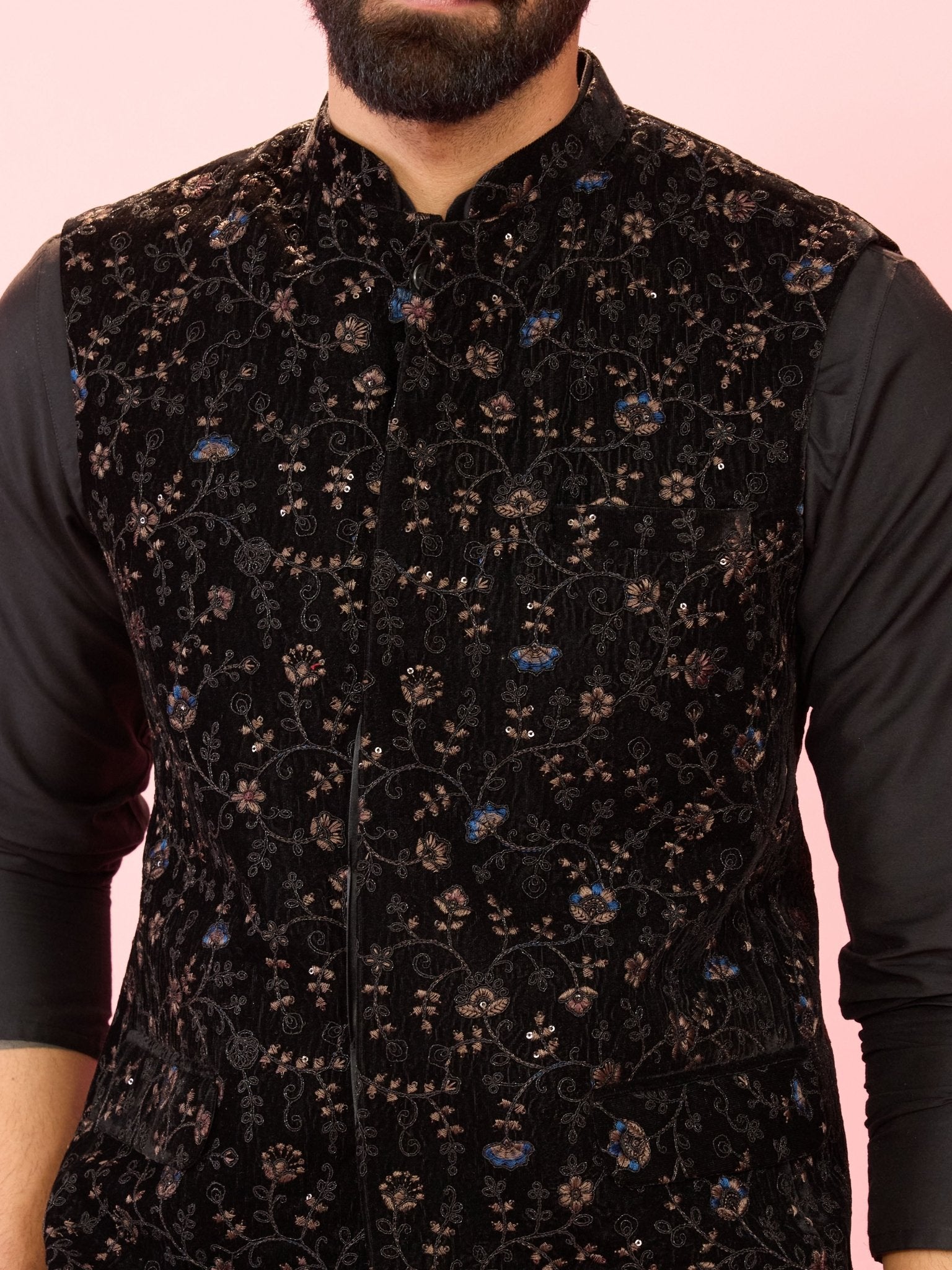 Men's Black Velvet Floral Thread Embroidered Nehru Jacket Silk Kurta & Pant Pyjama 3-Piece Set