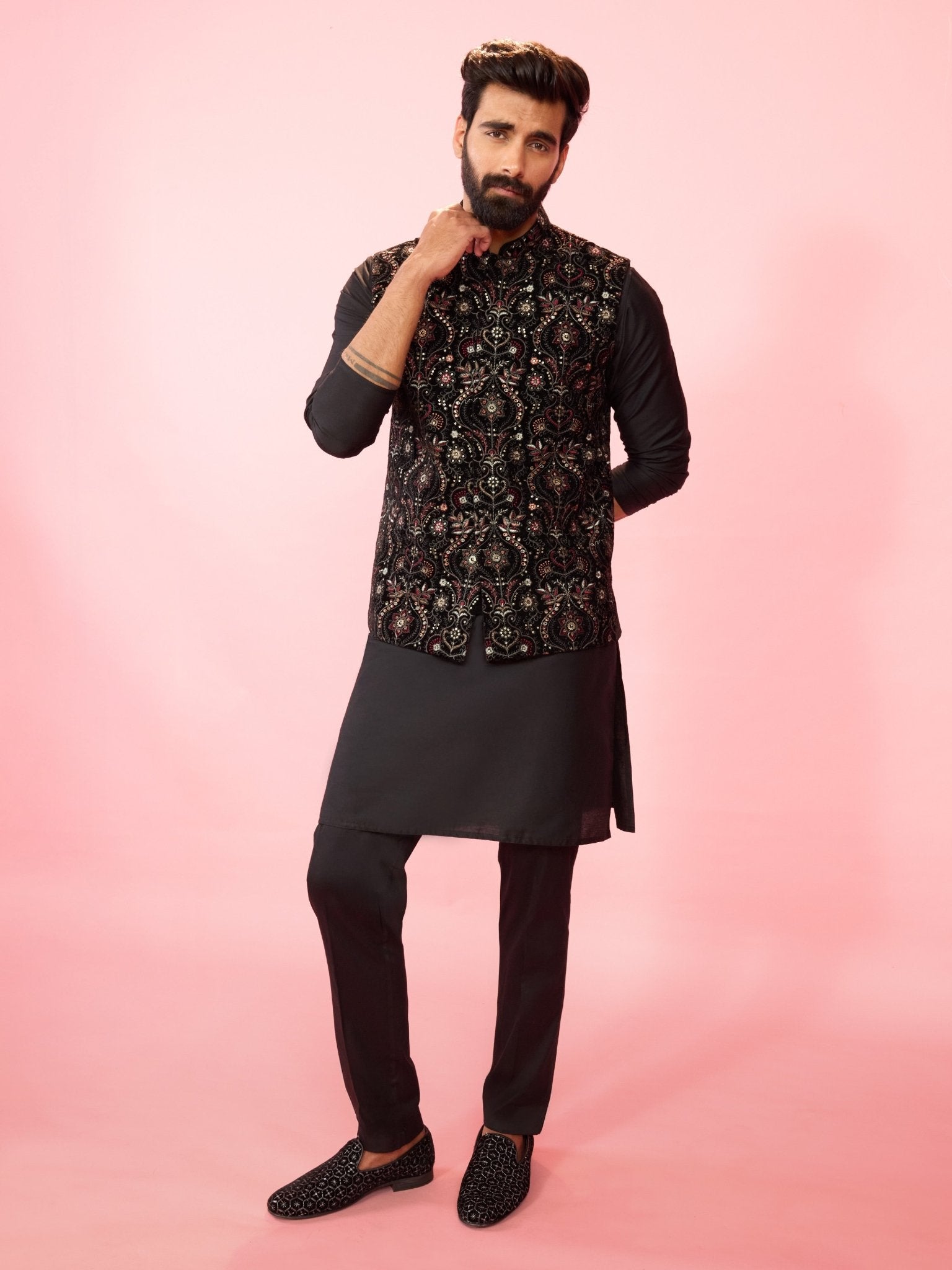 Men's Black Velvet Geometric Sequin Nehru Jacket with Silk Kurta & Cotton Pant Pyjama 3-Piece Set