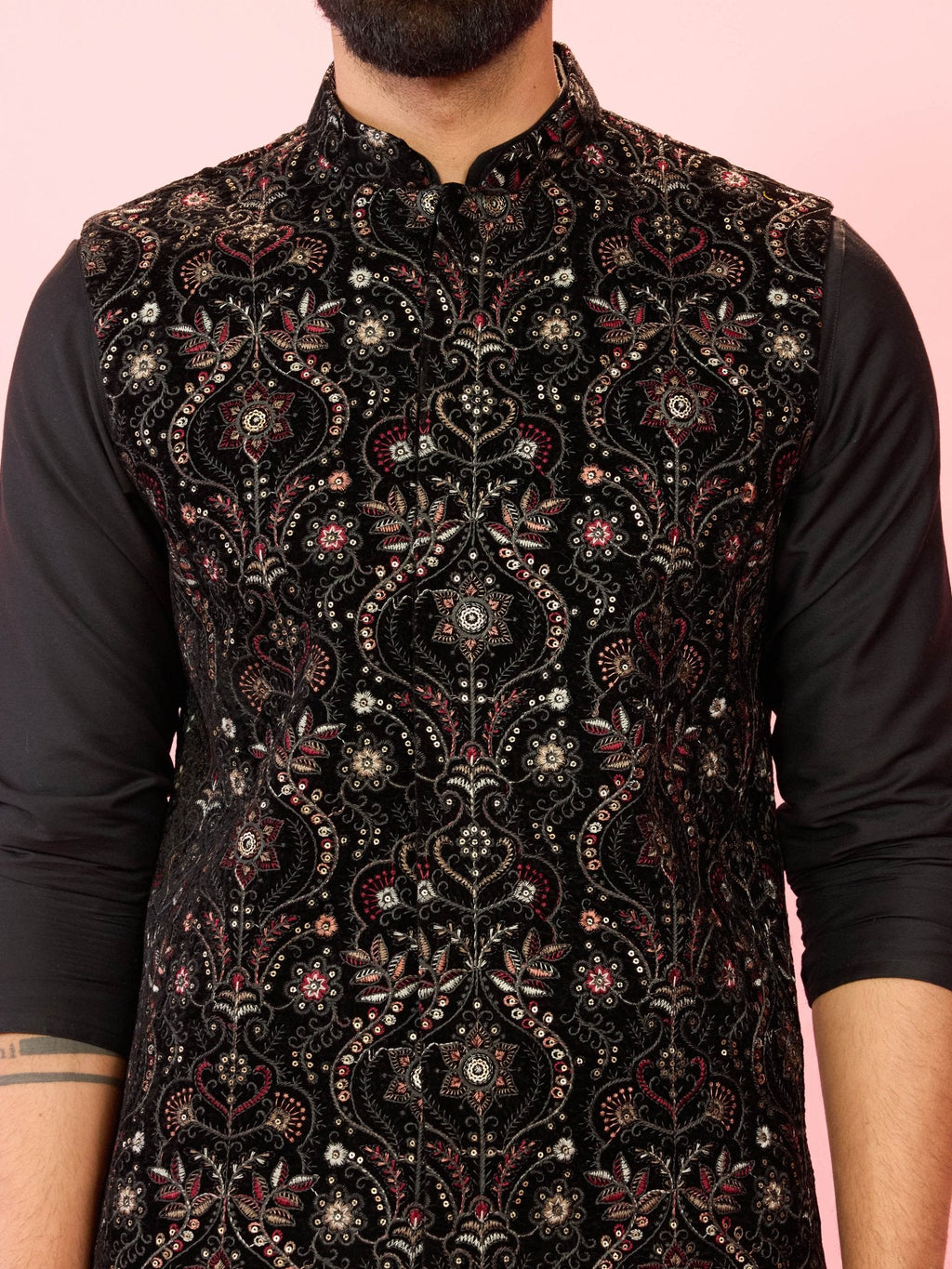 Men's Black Velvet Geometric Sequin Nehru Jacket with Silk Kurta & Cotton Pant Pyjama 3-Piece Set