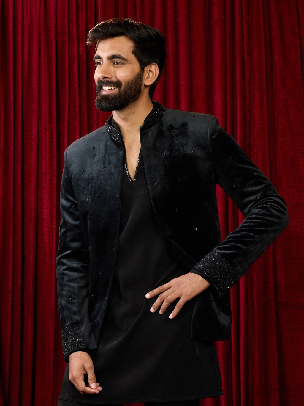 Men's Black Velvet Geometric Sequin Stone Work Full Sleeve Jodhpuri Jacket