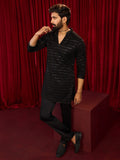 Men's Black Velvet Geometric Thread Sequin Long Kurta & Cotton Pant Pyjama Set