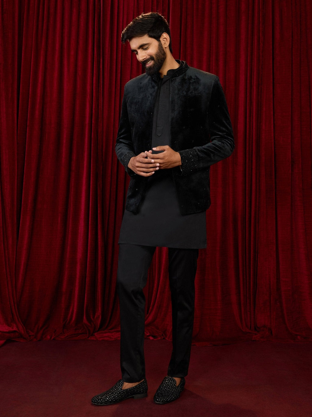 Men's Black Velvet Jodhpuri Jacket with Satin Solid Kurta & Cotton Pant Pyjama 3-Piece Set