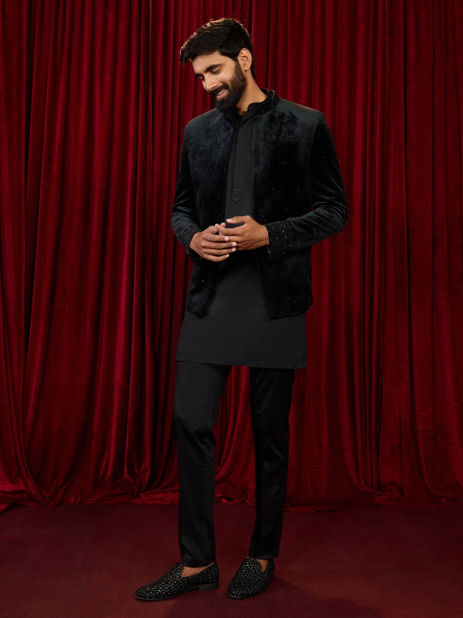Men's Black Velvet Jodhpuri Jacket with Satin Solid Kurta & Cotton Pant Pyjama 3-Piece Set