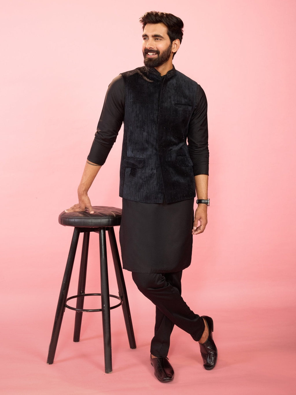 Men's Black Velvet Nehru Jacket with Black Silk Kurta & Cotton Pant Pyjama Set