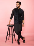 Men's Black Velvet Nehru Jacket with Black Silk Kurta & Cotton Pant Pyjama Set