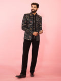 Men's Black Velvet Quirky Thread Embroidered Jodhpuri Set with Satin Lining & Straight Pant