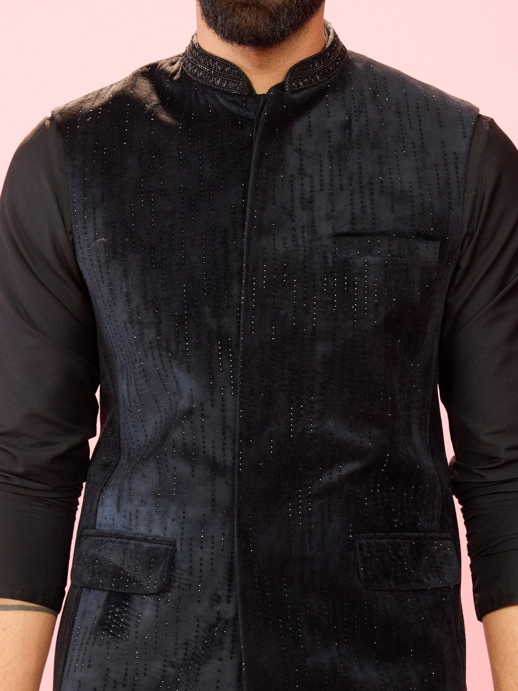 Men's Black Velvet Stone Work Sleeveless Nehru Jacket