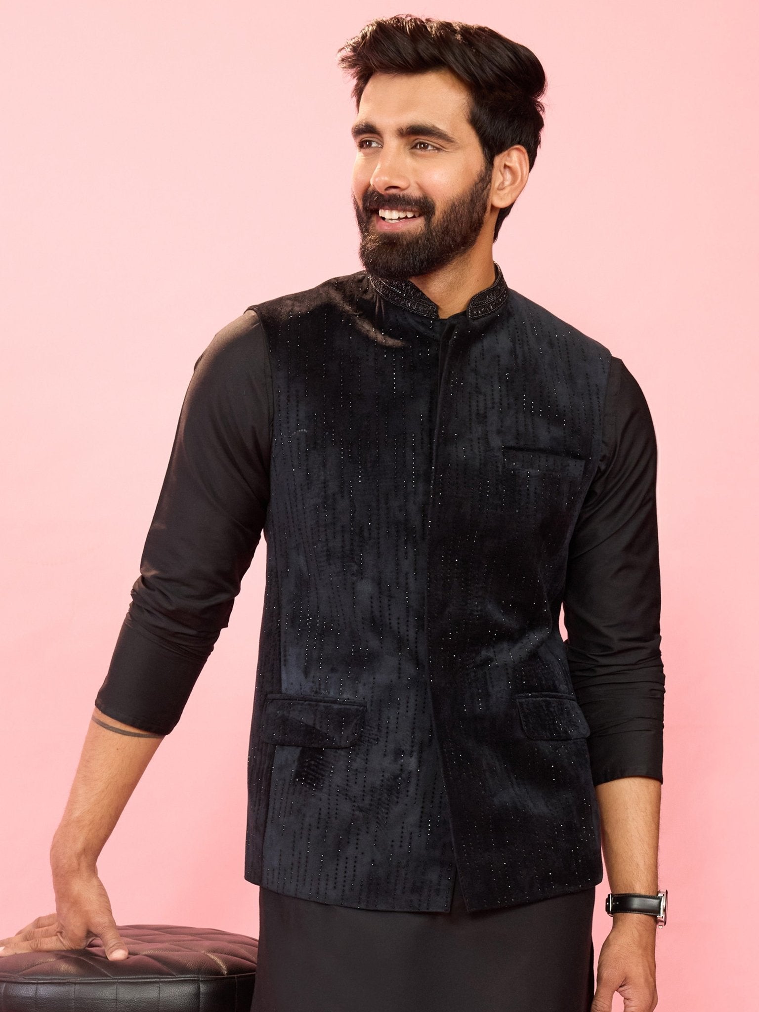 Men's Black Velvet Stone Work Sleeveless Nehru Jacket