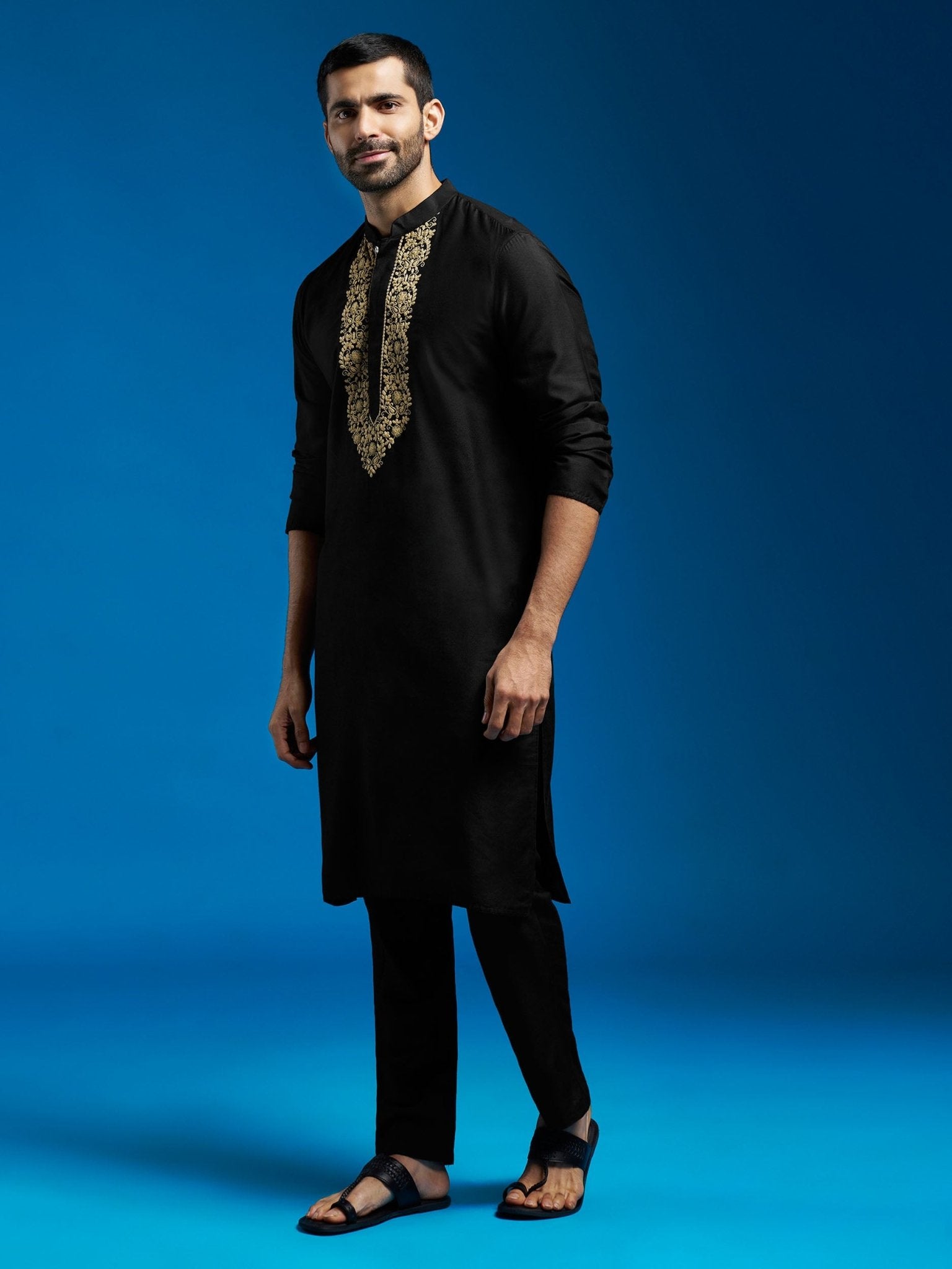 Men's Black Viscose Hand Embroidered Floral Kurta with Satin Pyjama
