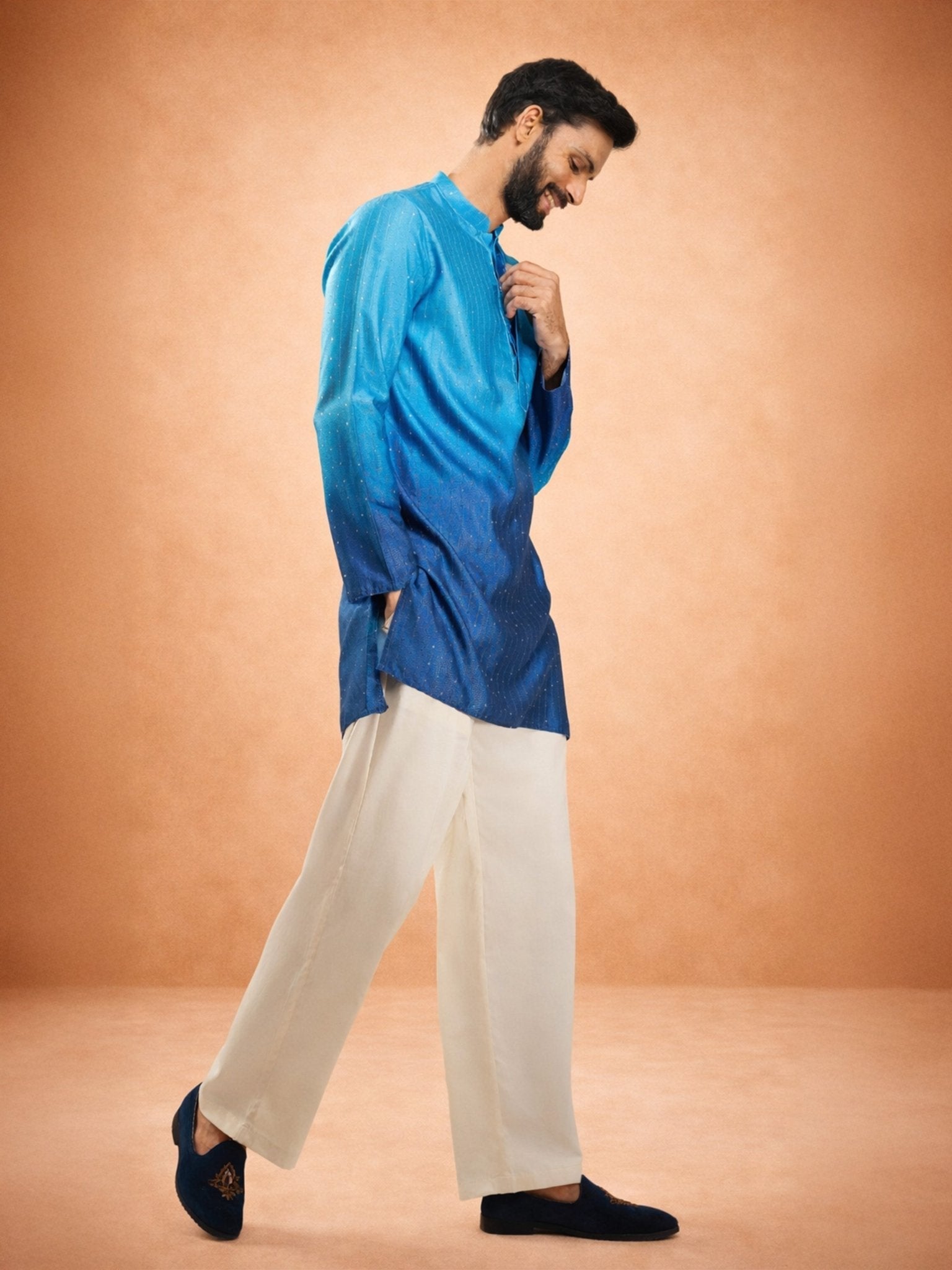 Men's Blue Ombre Silk Blend Sequin Kurta with Cream Fine Satin Wide Leg Palazzo