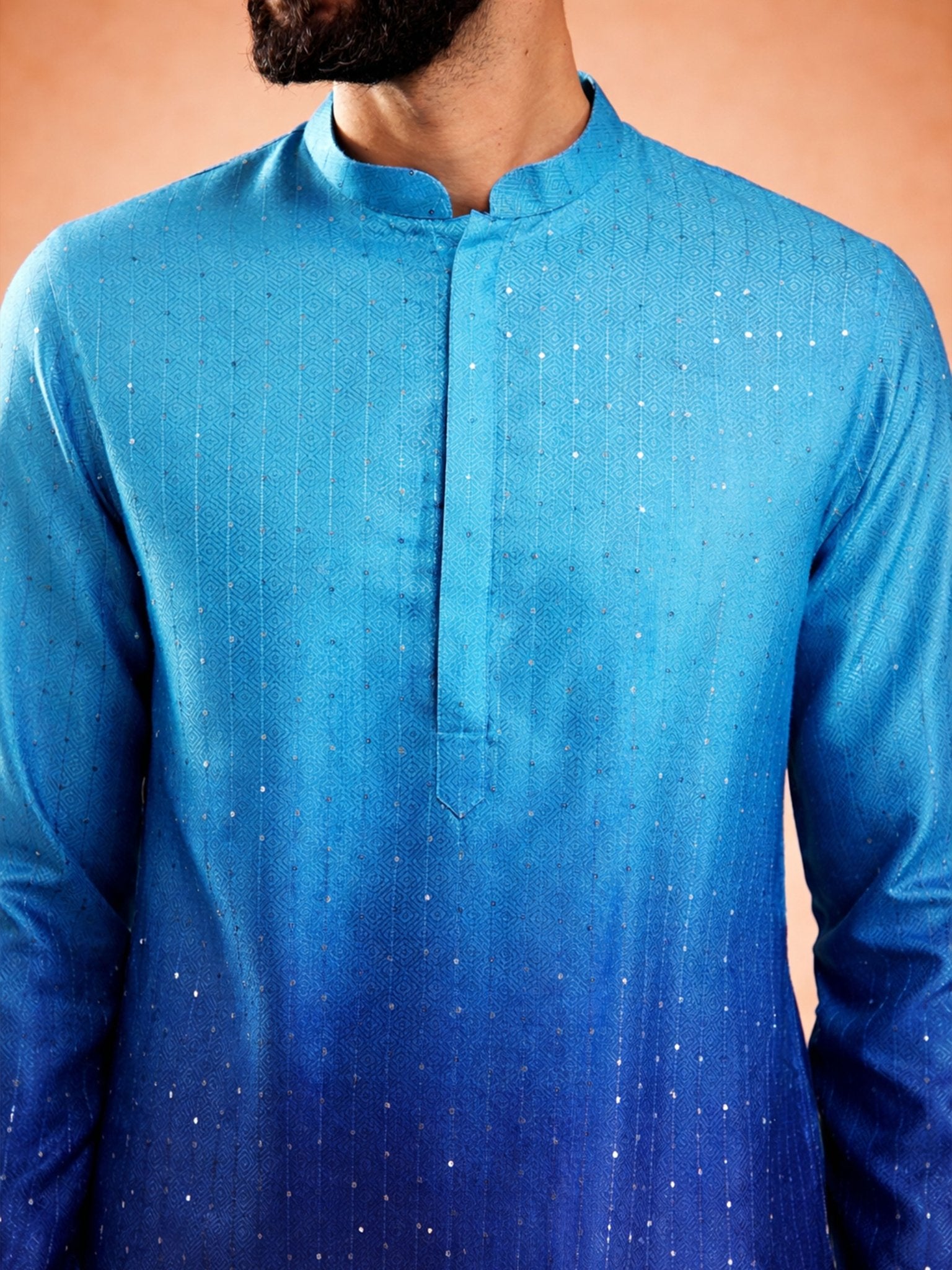 Men's Blue Ombre Silk Blend Sequin Kurta with Cream Silk Pant