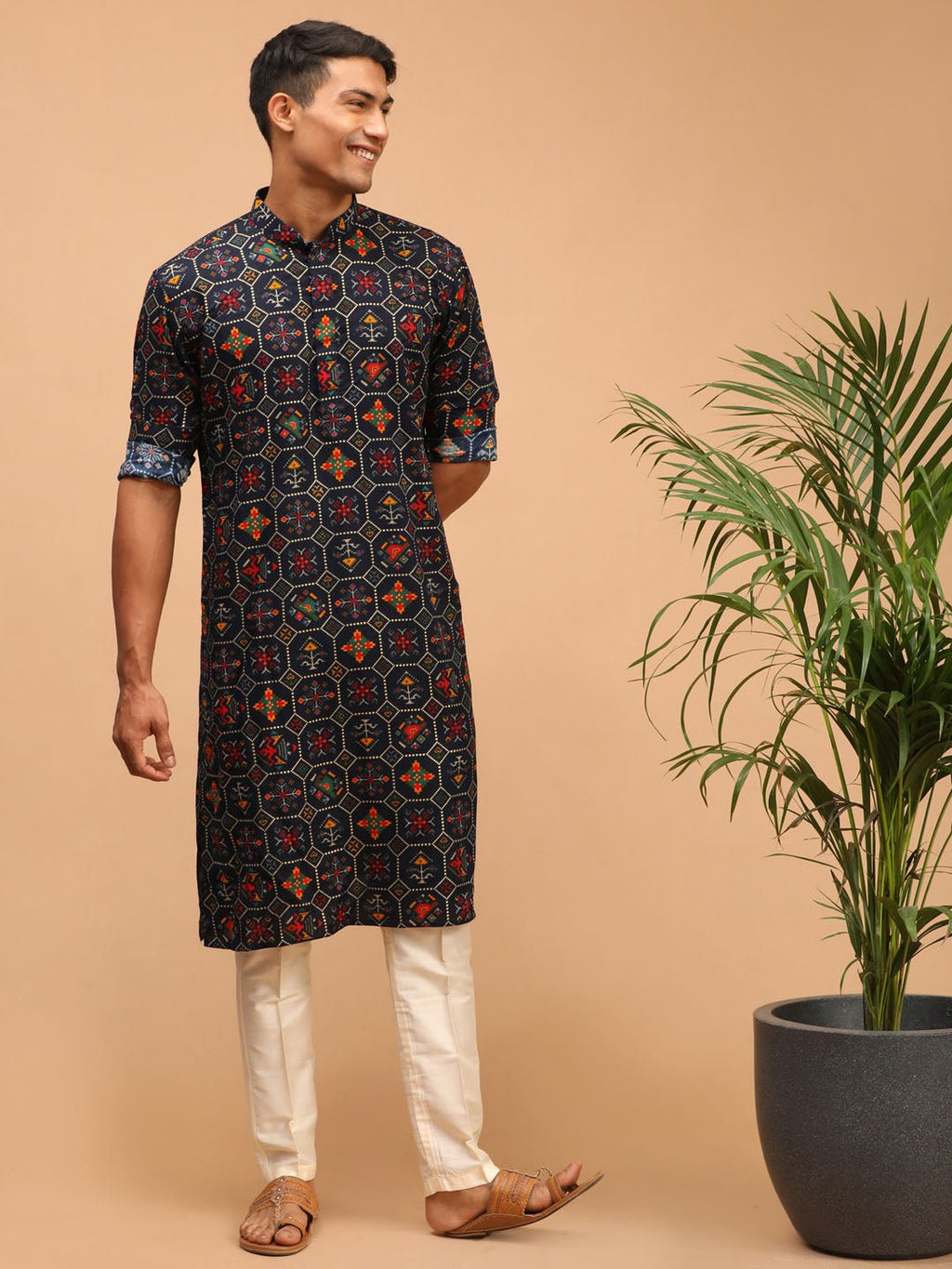 Men's Blue Printed Kurta Pyjama Set with Cream Viscose Pyjama