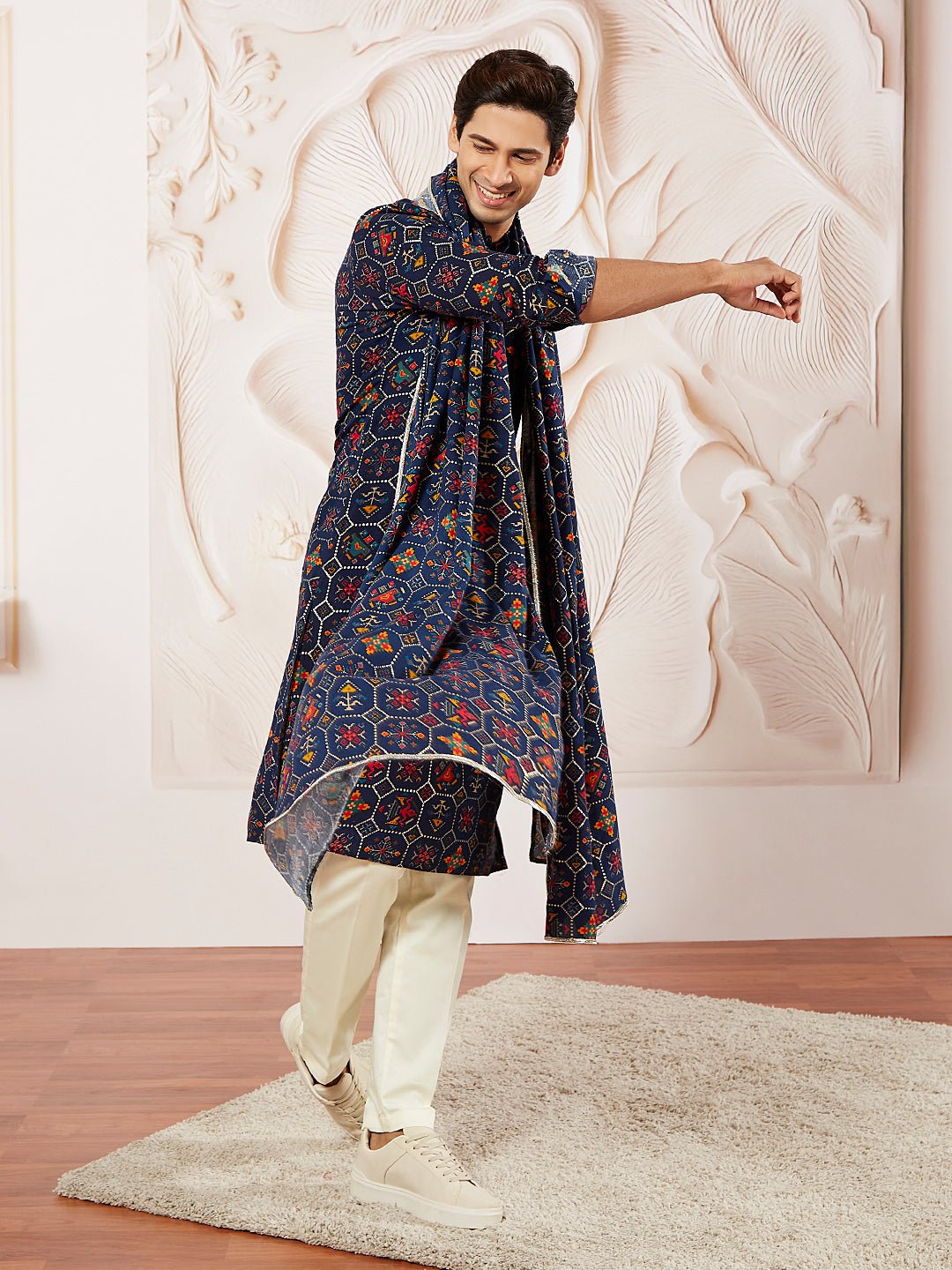 Men's Blue Printed Kurta Pyjama Set with Matching Dupatta