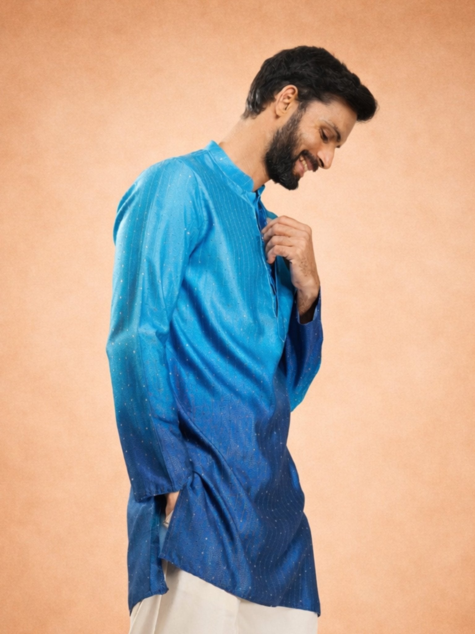 Men's Blue Silk Blend Ombre Sequin Kurta