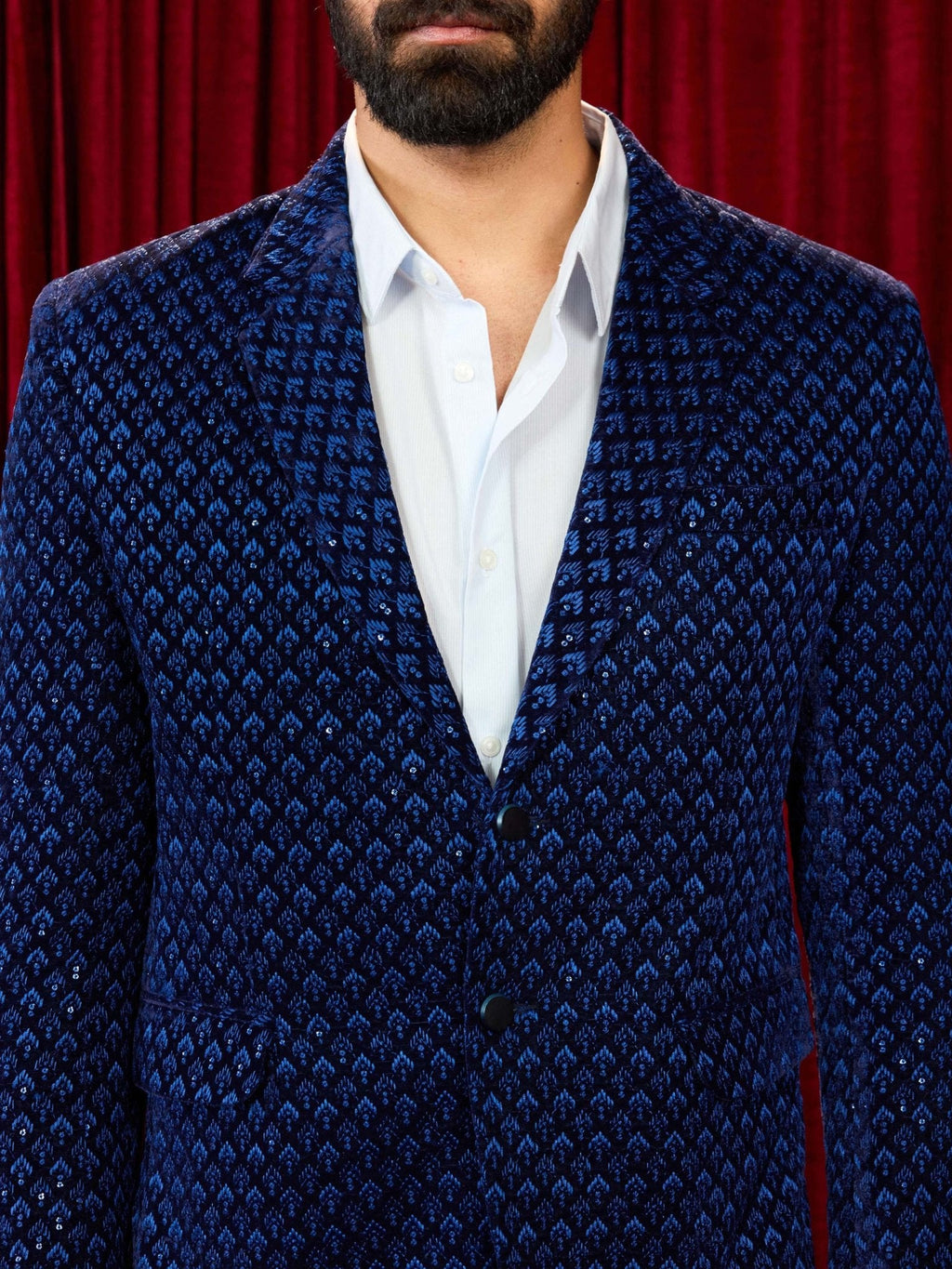 Men's Blue Velvet Blazer with Black Pant Set
