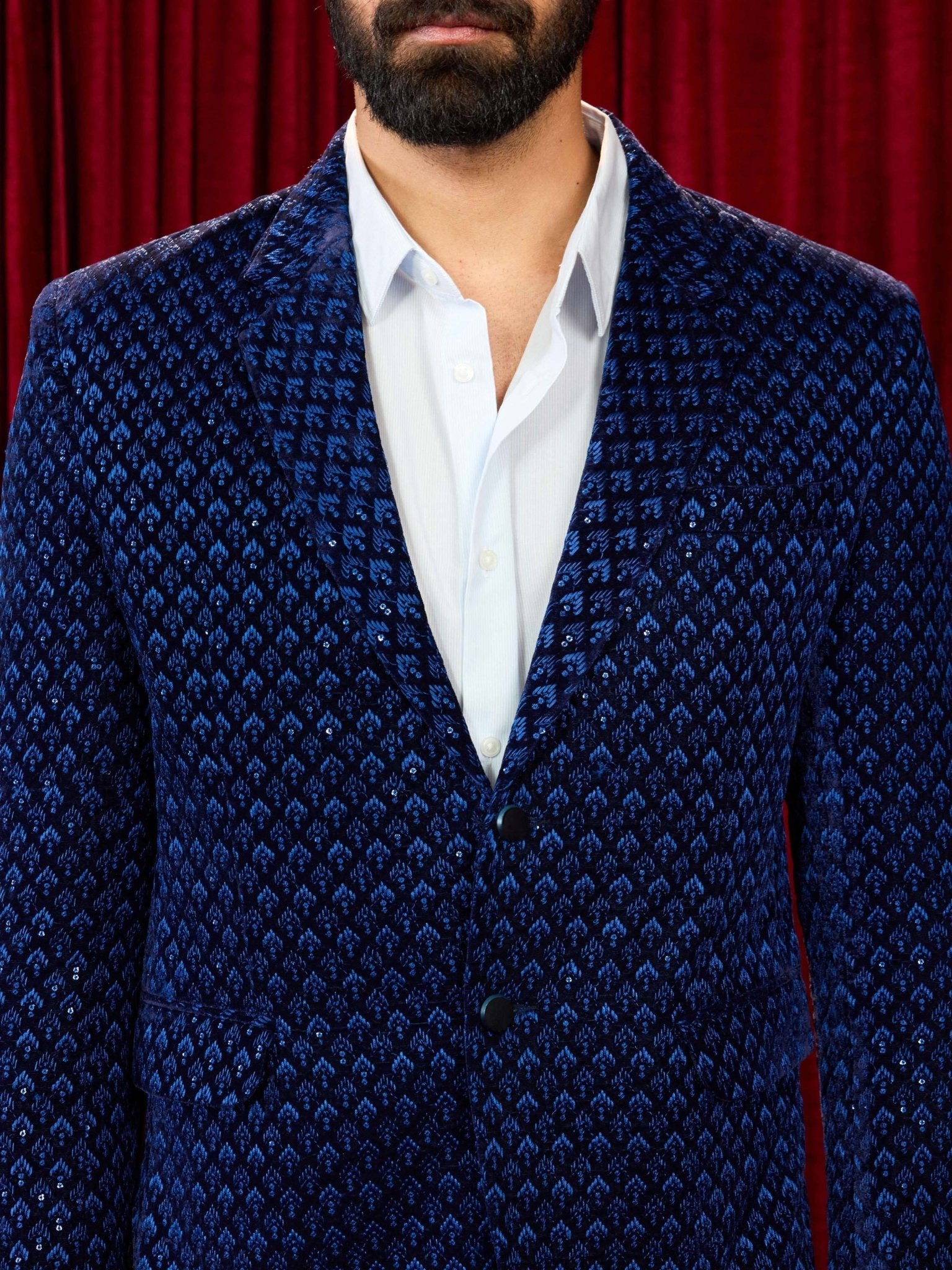 Men's Blue Velvet Blazer with Black Pant Set