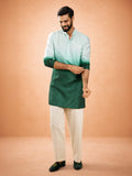Men's Bottle Green Ombre Silk Blend Sequin Kurta with Cream Fine Satin Wide Leg Palazzo