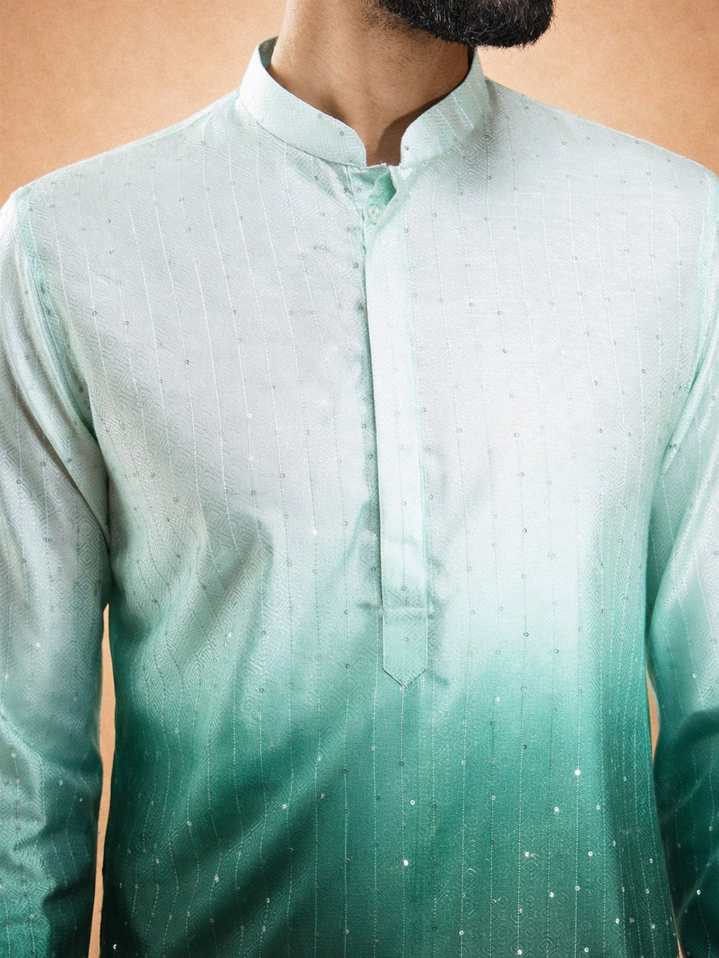 Men's Bottle Green Ombre Silk Blend Sequin Kurta with Cream Silk Pant
