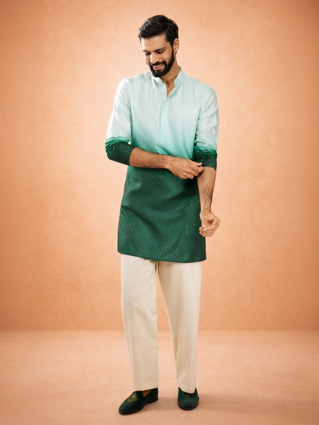 Men's Bottle Green Ombre Silk Blend Sequin Kurta with Cream Silk Pant