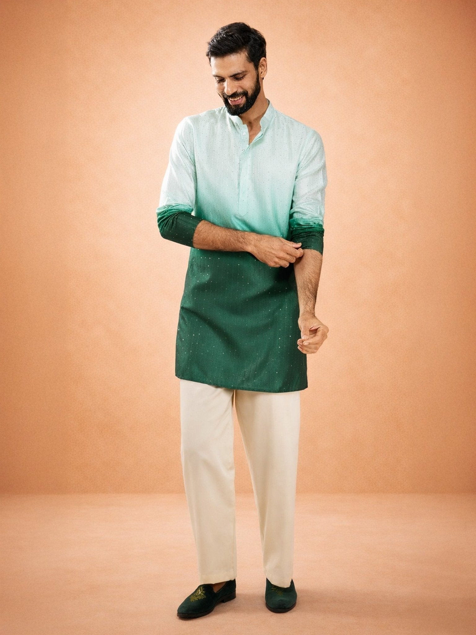 Men's Bottle Green Ombre Silk Blend Sequin Kurta with Cream Silk Pant