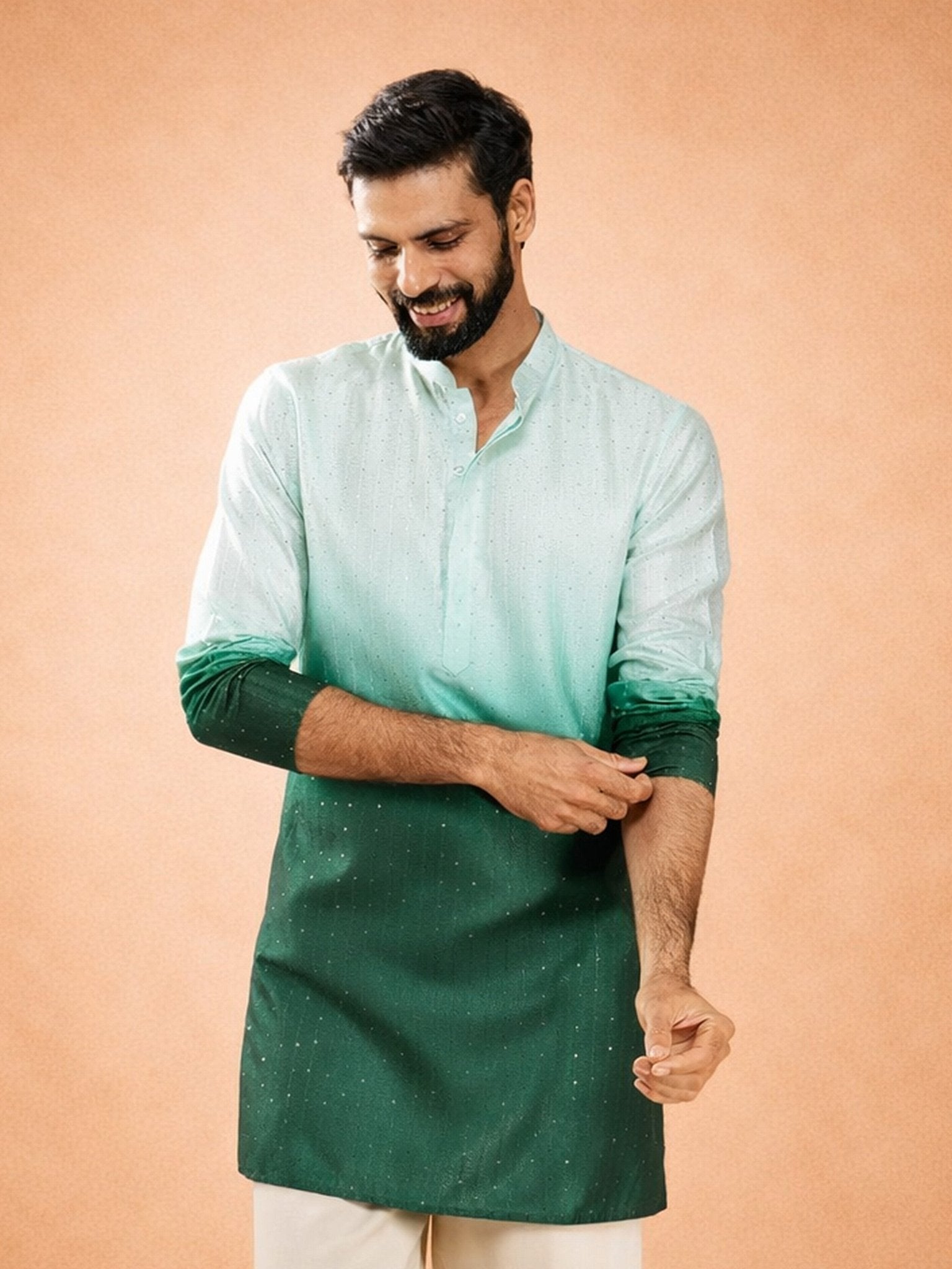 Men's Bottle Green Silk Blend Ombre Sequin Kurta