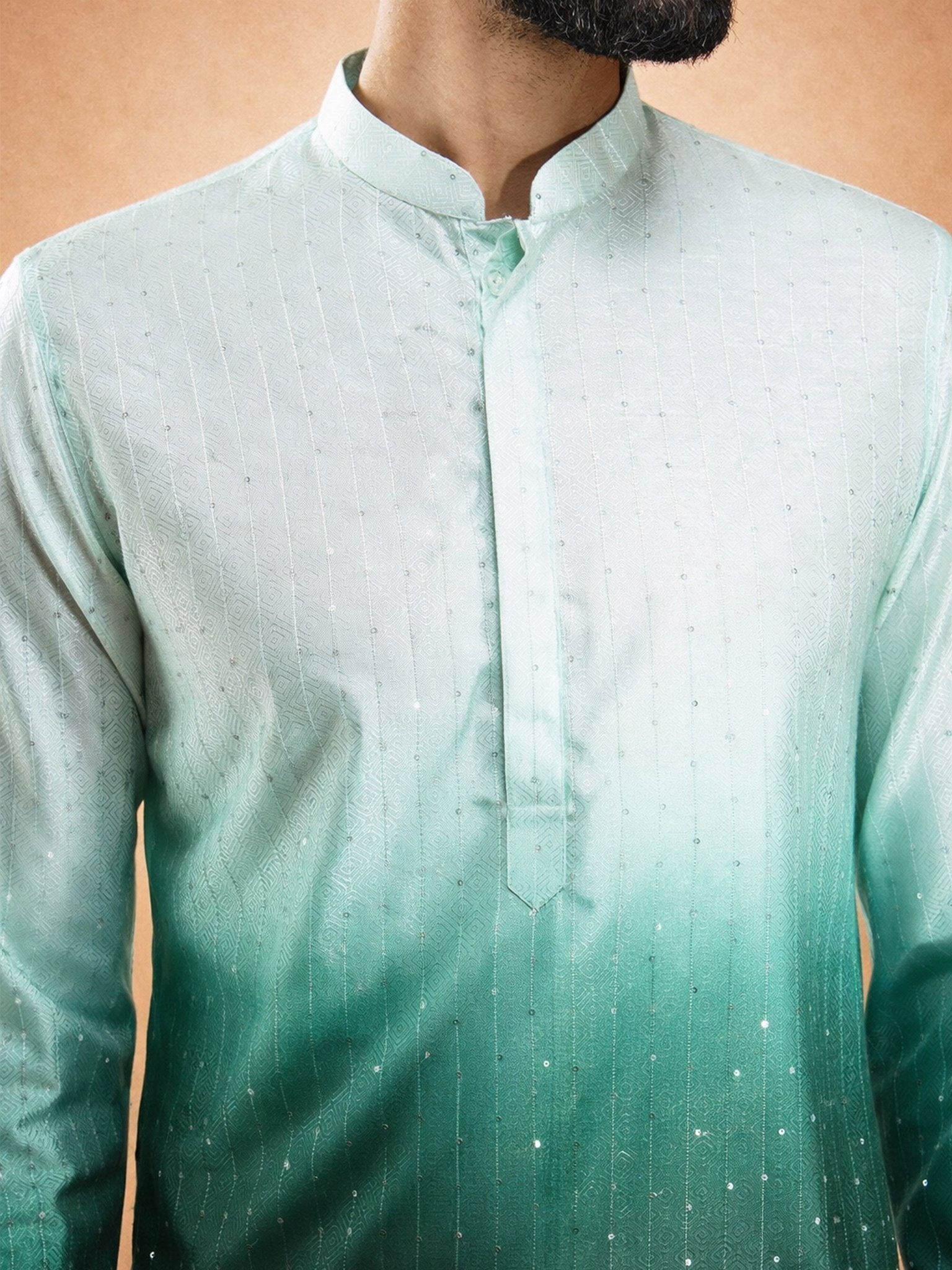Men's Bottle Green Silk Blend Ombre Sequin Kurta