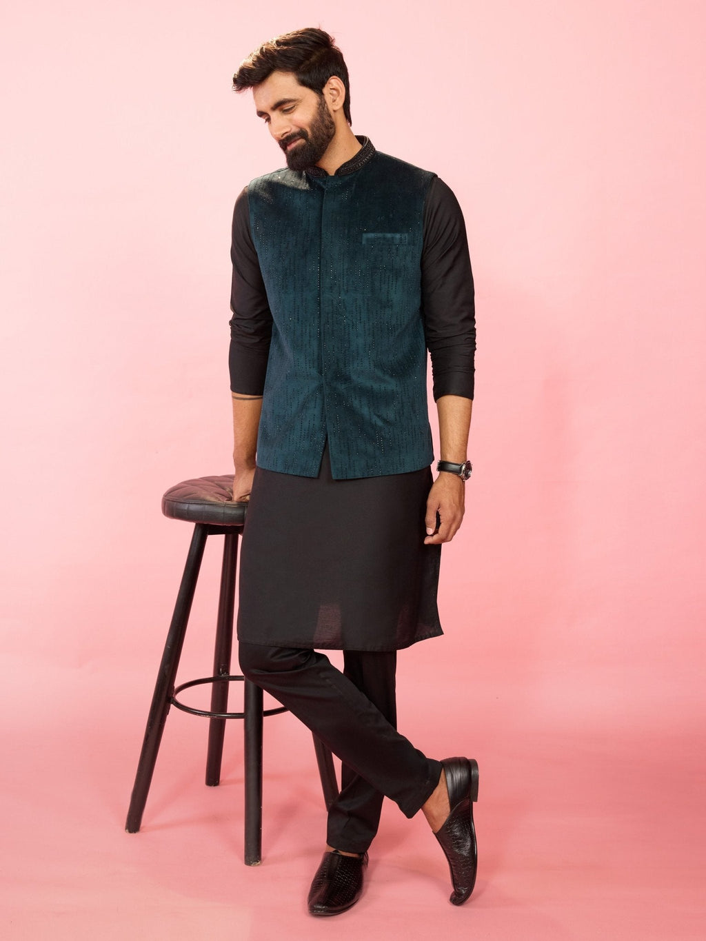 Men's Bottle Green Velvet Nehru Jacket with Black Silk Kurta & Cotton Pant Pyjama Set