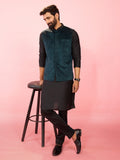 Men's Bottle Green Velvet Nehru Jacket with Black Silk Kurta & Cotton Pant Pyjama Set