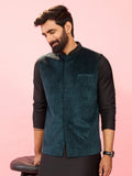 Men's Bottle Green Velvet Stone Work Sleeveless Nehru Jacket