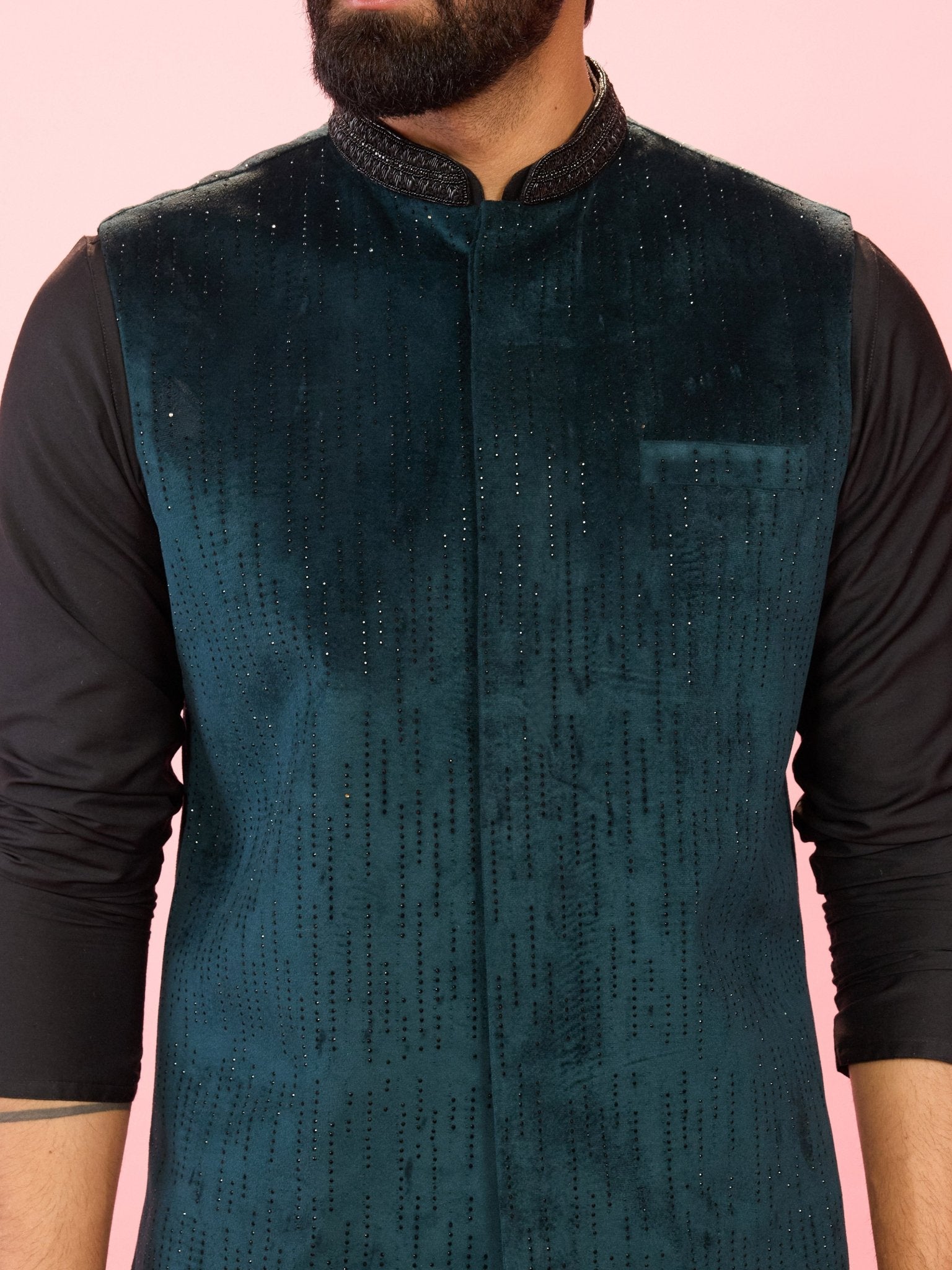 Men's Bottle Green Velvet Stone Work Sleeveless Nehru Jacket