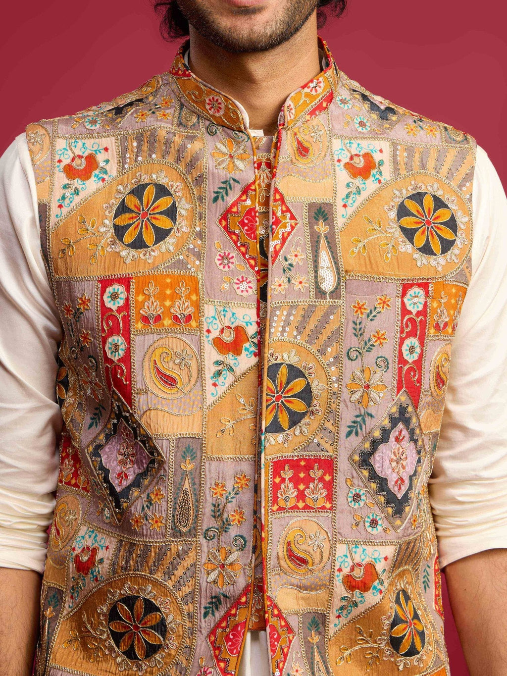 Men's Chiku Embroidered Nehru Jacket with Cream Kurta & Pant Set