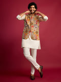 Men's Chiku Embroidered Nehru Jacket with Cream Kurta & Pant Set