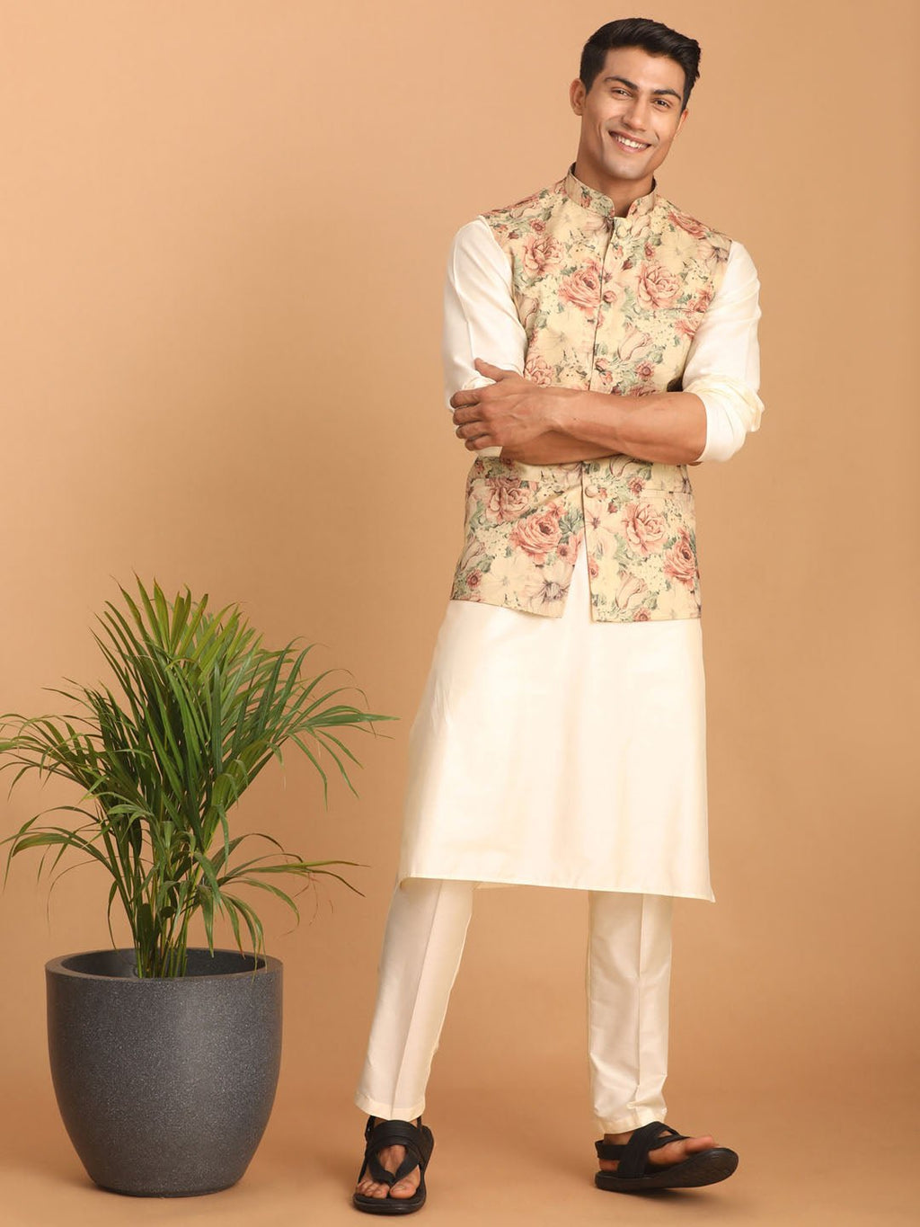Men's Chiku Floral Print Nehru Jacket with Cream Kurta Pyjama Set