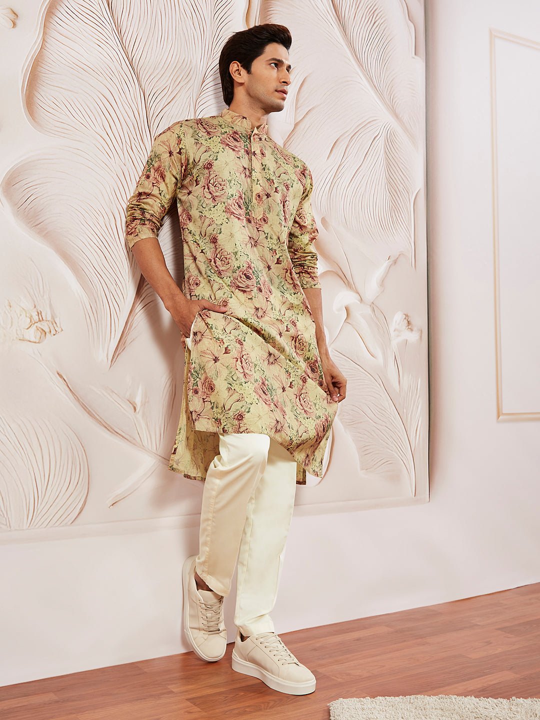 Men's Chiku Printed Kurta Pyjama Set with Cream Viscose Pyjama