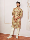 Men's Chiku Silk Blend Floral Printed Nehru Jacket Kurta Pyjama Set