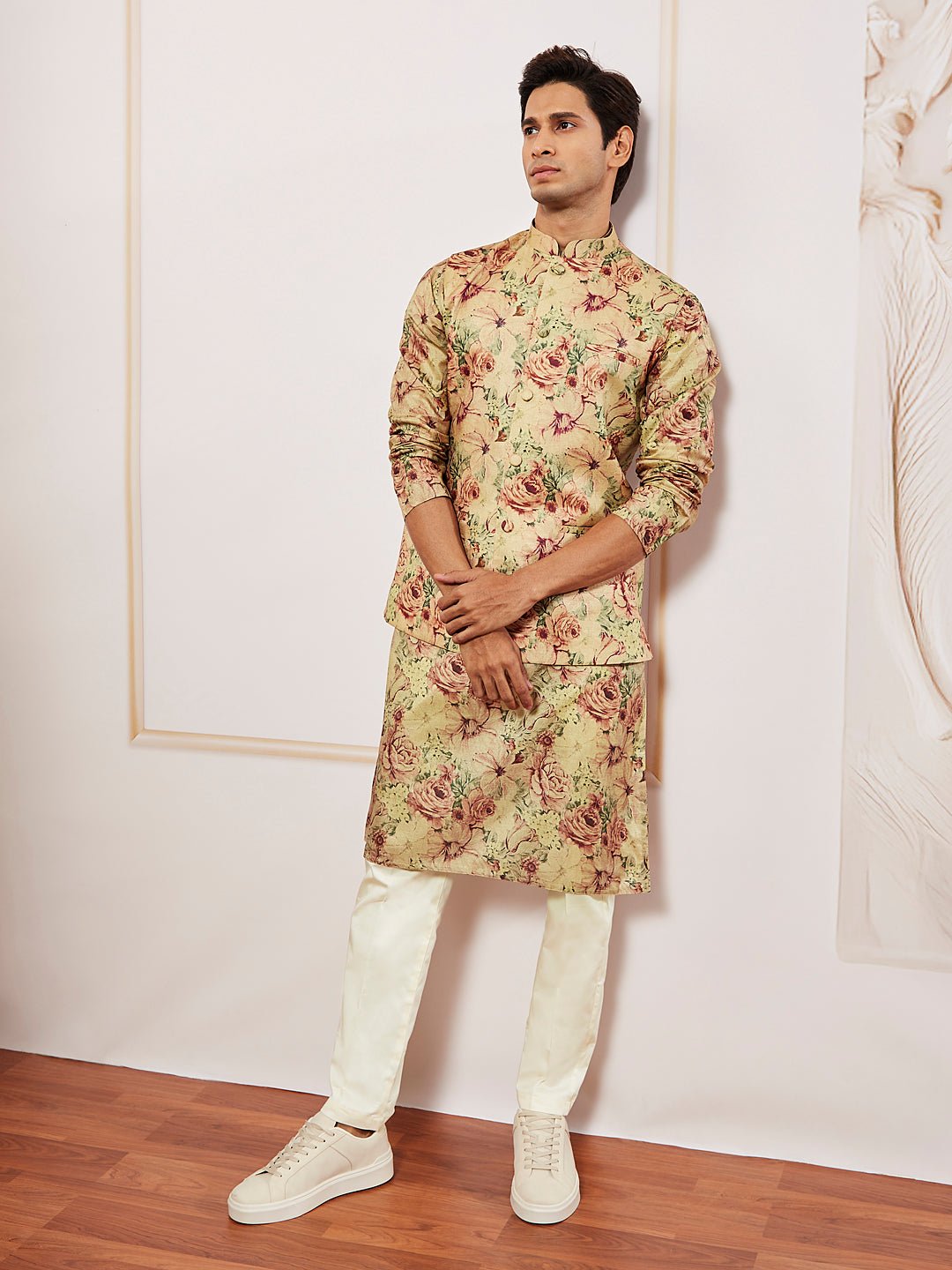 Men's Chiku Silk Blend Floral Printed Nehru Jacket Kurta Pyjama Set