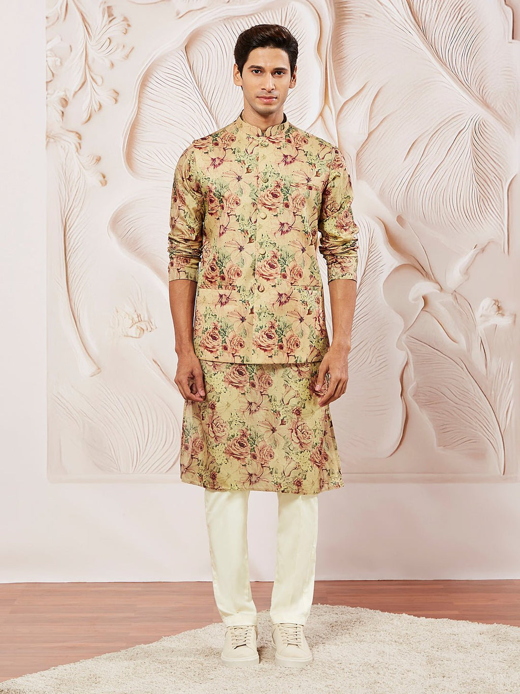 Men's Chiku Silk Blend Floral Printed Nehru Jacket Kurta Pyjama Set