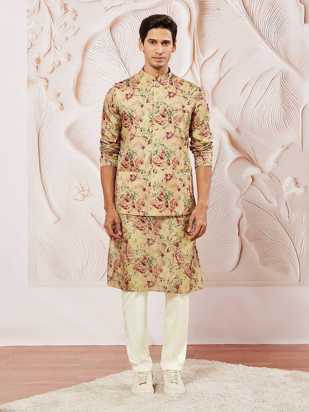 Men's Chiku Silk Blend Floral Printed Nehru Jacket Kurta Pyjama Set