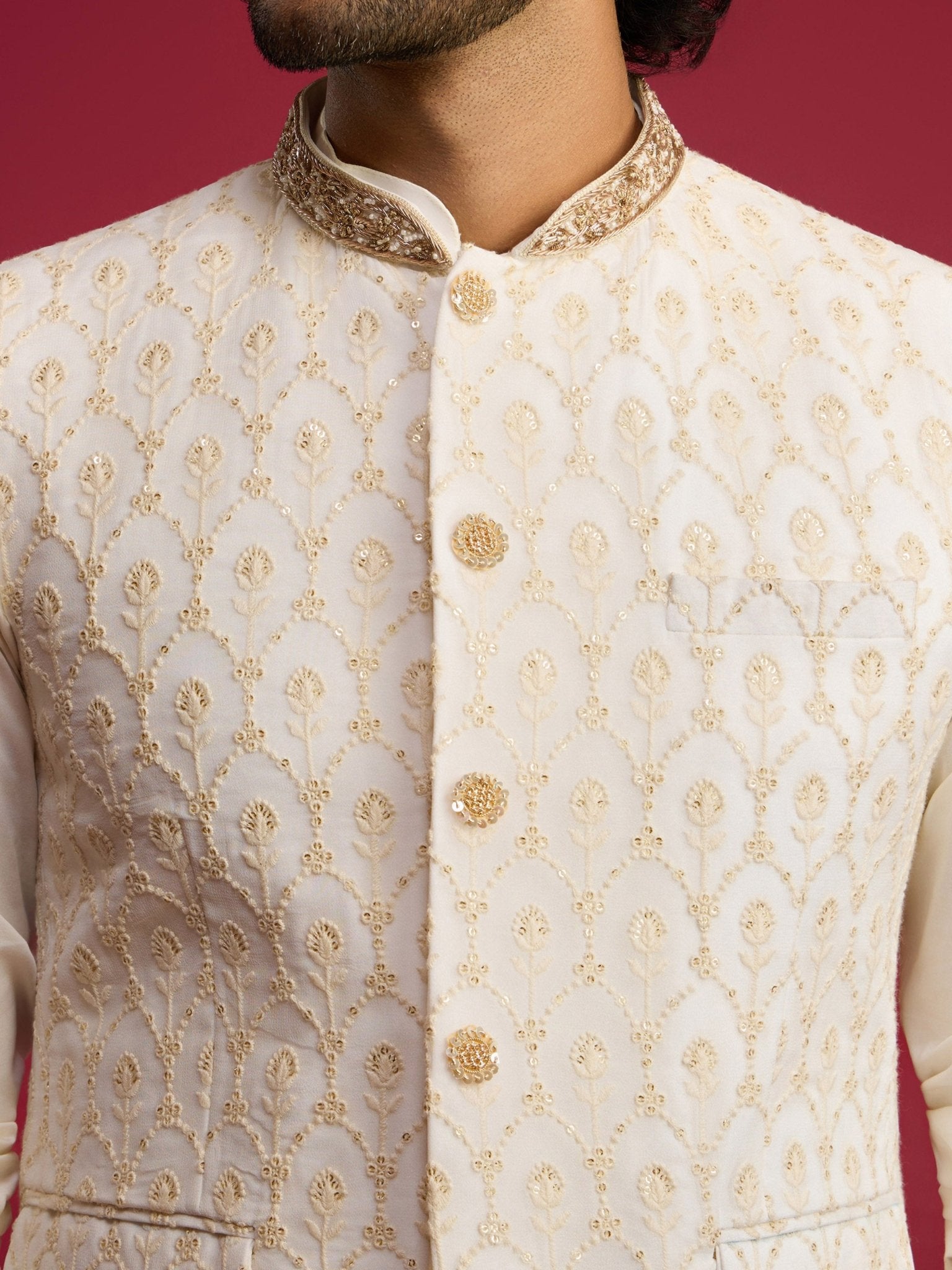 Men's Cream Embroidered Georgette Nehru Jacket