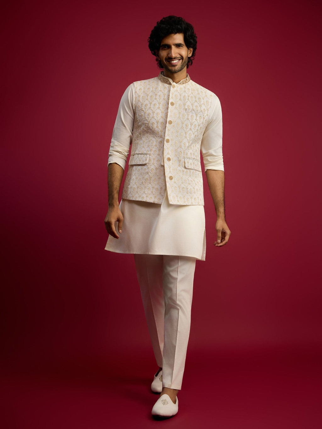Men's Cream Embroidered Nehru Jacket Set with Fine Satin Kurta & Pant Style Pyjama