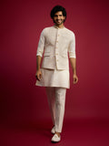 Men's Cream Embroidered Nehru Jacket Set with Fine Satin Kurta & Pant Style Pyjama