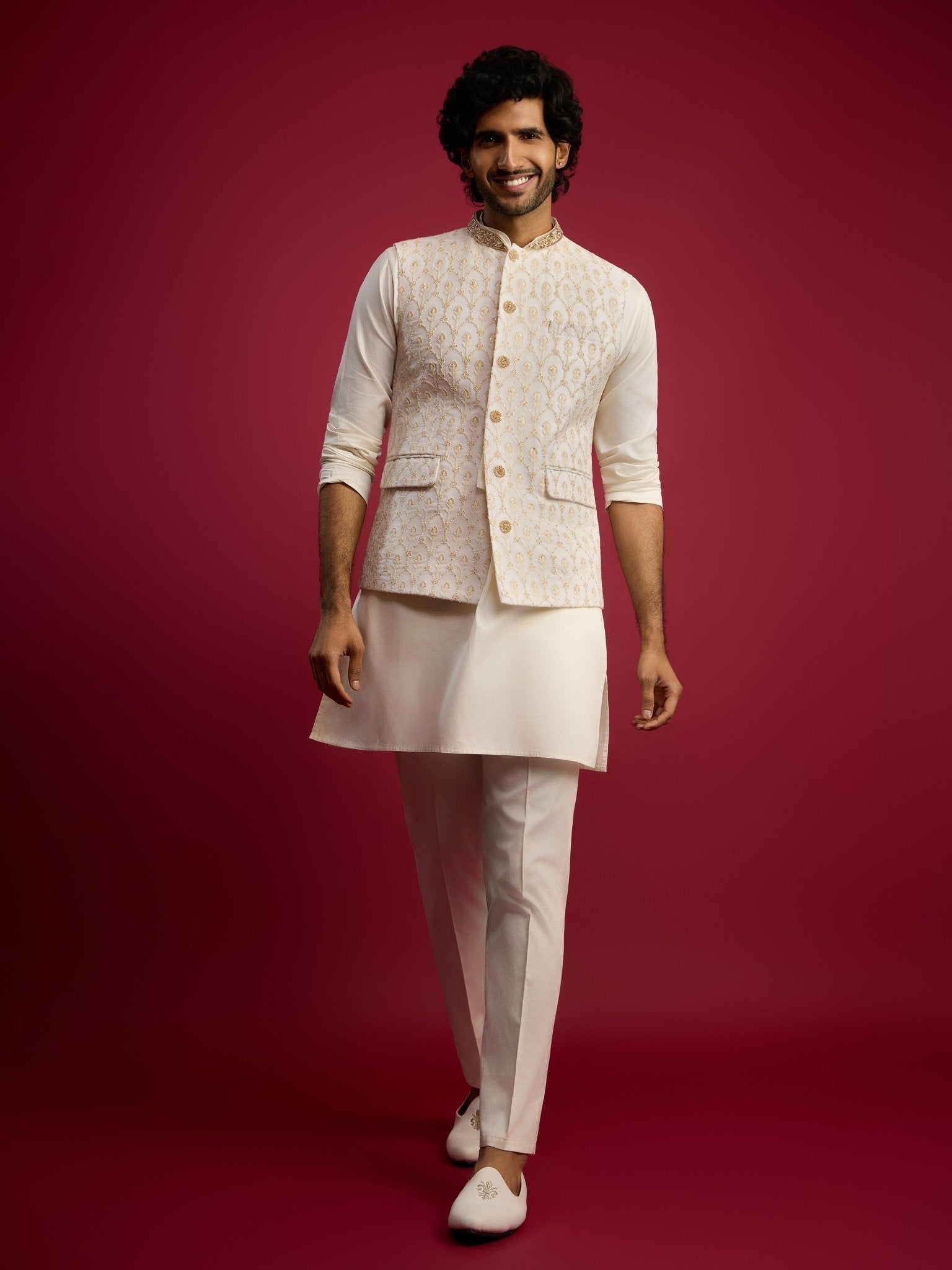 Men's Cream Embroidered Nehru Jacket Set with Fine Satin Kurta & Pant Style Pyjama